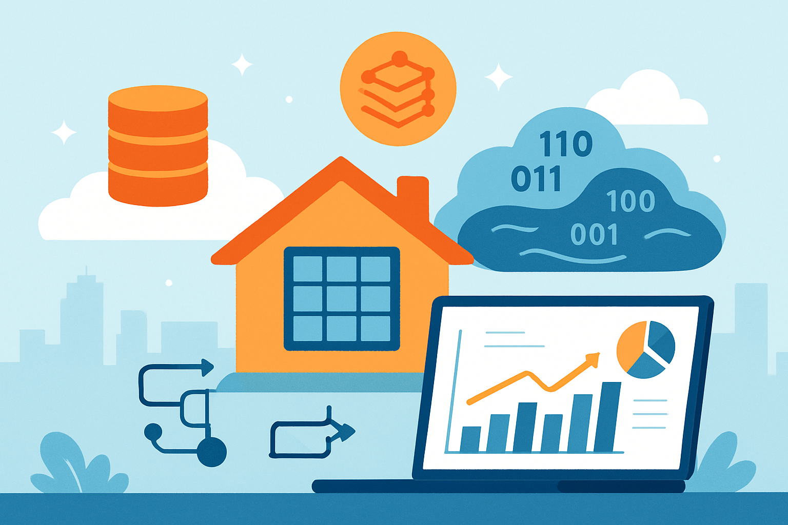 Ilustrasi arsitektur data lakehouse modern—menampilkan infrastruktur cloud, pemrosesan AI dan ML, pipeline data, serta analitik real-time.